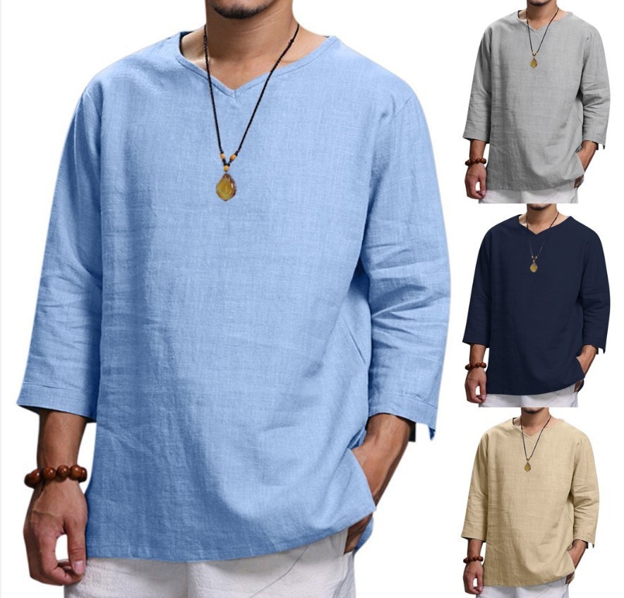 men v-neck linen pullover black