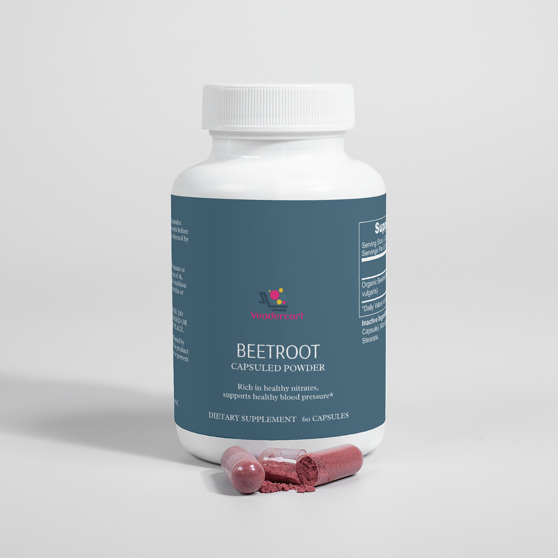 Front view of beetroot powder capsules bottle