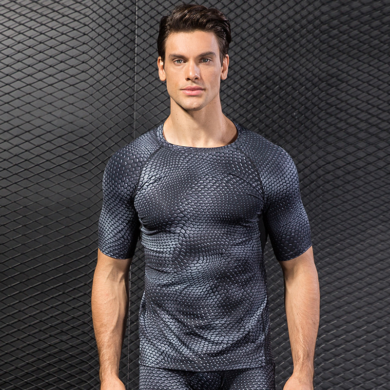 men’s quick-dry 3D printing fitness shirt side snake scales-black